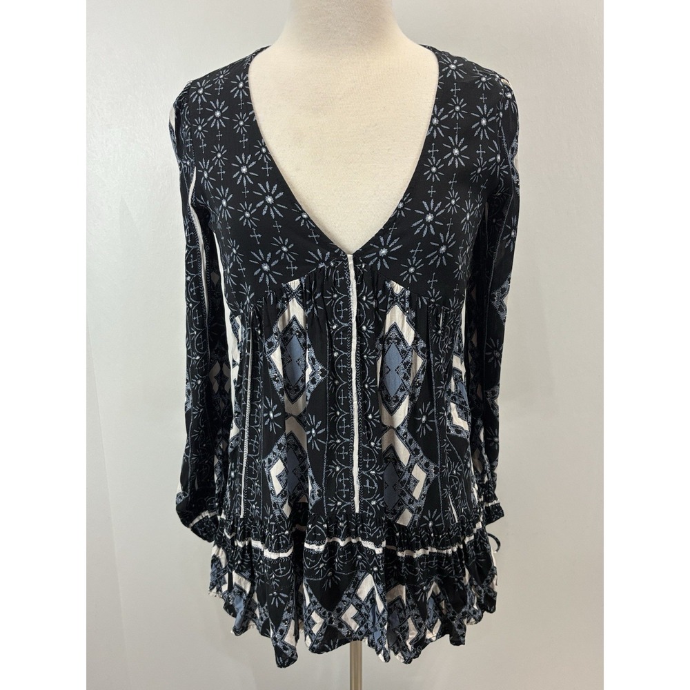Free People Down By The Bay Tunic Sz X-small Navy Top Mini Dress Boho Peasant